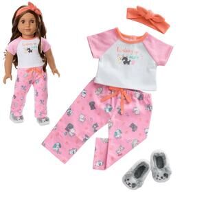 American Girl Doll Pajamas & Slippers Waking Up Is Ruff Puppy Dog Kitty Pjs New
